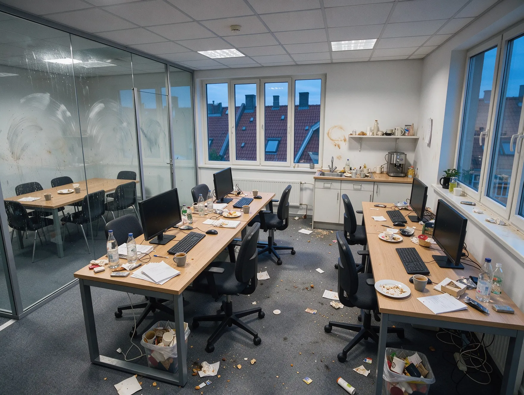 Et kontor ved lukketid med kopper, papirer og fulde skraldespande