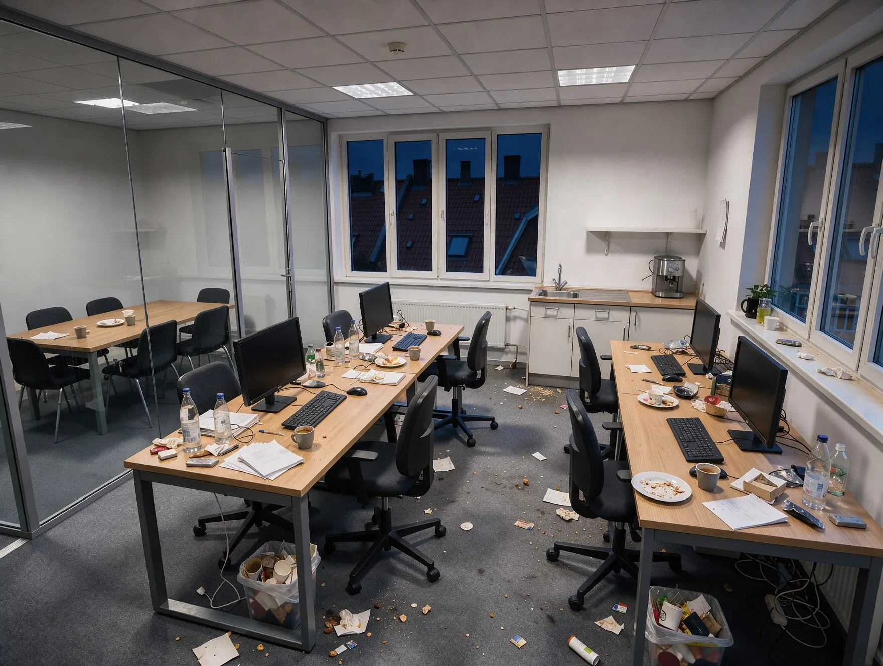 Glasvæggen er pudset og tekøkkenet gjort rent