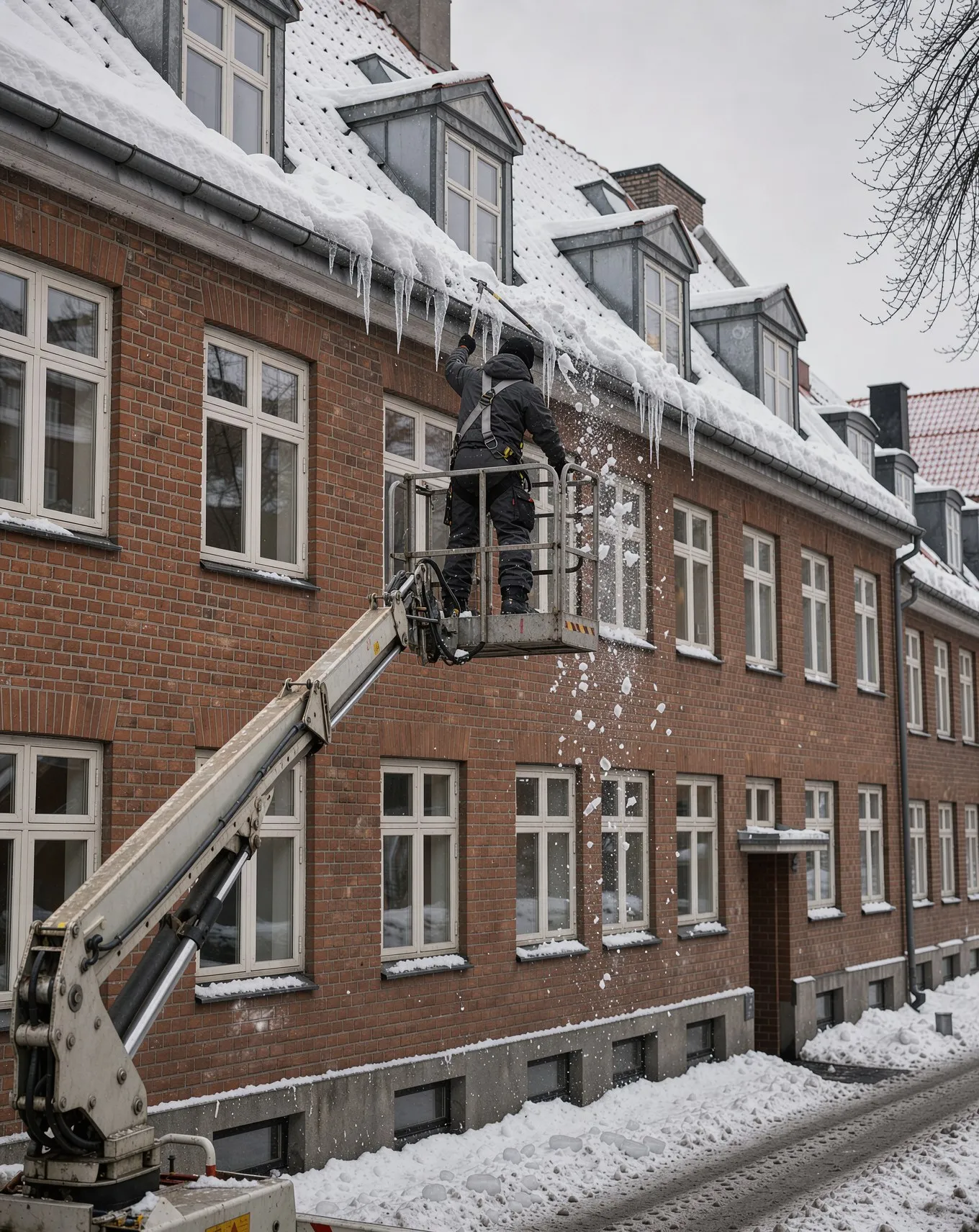 Sne og istapper fjernes fra tagrenden på en muret bygning fra en lift